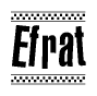 The image is a black and white clipart of the text Efrat in a bold, italicized font. The text is bordered by a dotted line on the top and bottom, and there are checkered flags positioned at both ends of the text, usually associated with racing or finishing lines.