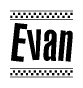 The image is a black and white clipart of the text Evan in a bold, italicized font. The text is bordered by a dotted line on the top and bottom, and there are checkered flags positioned at both ends of the text, usually associated with racing or finishing lines.