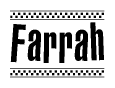 The image contains the text Farrah in a bold, stylized font, with a checkered flag pattern bordering the top and bottom of the text.