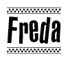 The image contains the text Freda in a bold, stylized font, with a checkered flag pattern bordering the top and bottom of the text.