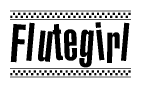The clipart image displays the text Flutegirl in a bold, stylized font. It is enclosed in a rectangular border with a checkerboard pattern running below and above the text, similar to a finish line in racing. 