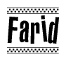 The image contains the text Farid in a bold, stylized font, with a checkered flag pattern bordering the top and bottom of the text.