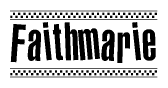 The image is a black and white clipart of the text Faithmarie in a bold, italicized font. The text is bordered by a dotted line on the top and bottom, and there are checkered flags positioned at both ends of the text, usually associated with racing or finishing lines.