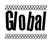 The clipart image displays the text Global in a bold, stylized font. It is enclosed in a rectangular border with a checkerboard pattern running below and above the text, similar to a finish line in racing. 