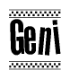 The clipart image displays the text Geni in a bold, stylized font. It is enclosed in a rectangular border with a checkerboard pattern running below and above the text, similar to a finish line in racing. 