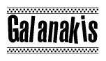 The image is a black and white clipart of the text Galanakis in a bold, italicized font. The text is bordered by a dotted line on the top and bottom, and there are checkered flags positioned at both ends of the text, usually associated with racing or finishing lines.