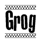 The image is a black and white clipart of the text Grog in a bold, italicized font. The text is bordered by a dotted line on the top and bottom, and there are checkered flags positioned at both ends of the text, usually associated with racing or finishing lines.