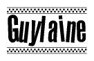The image is a black and white clipart of the text Guylaine in a bold, italicized font. The text is bordered by a dotted line on the top and bottom, and there are checkered flags positioned at both ends of the text, usually associated with racing or finishing lines.