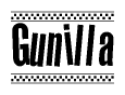 The image contains the text Gunilla in a bold, stylized font, with a checkered flag pattern bordering the top and bottom of the text.