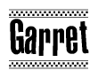 The clipart image displays the text Garret in a bold, stylized font. It is enclosed in a rectangular border with a checkerboard pattern running below and above the text, similar to a finish line in racing. 
