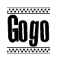 The clipart image displays the text Gogo in a bold, stylized font. It is enclosed in a rectangular border with a checkerboard pattern running below and above the text, similar to a finish line in racing. 