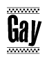 The image contains the text Gay in a bold, stylized font, with a checkered flag pattern bordering the top and bottom of the text.