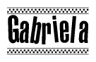 The image contains the text Gabriela in a bold, stylized font, with a checkered flag pattern bordering the top and bottom of the text.