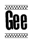 The image contains the text Gee in a bold, stylized font, with a checkered flag pattern bordering the top and bottom of the text.