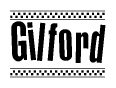 The image is a black and white clipart of the text Gilford in a bold, italicized font. The text is bordered by a dotted line on the top and bottom, and there are checkered flags positioned at both ends of the text, usually associated with racing or finishing lines.