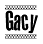 The image is a black and white clipart of the text Gacy in a bold, italicized font. The text is bordered by a dotted line on the top and bottom, and there are checkered flags positioned at both ends of the text, usually associated with racing or finishing lines.