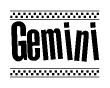 The image contains the text Gemini in a bold, stylized font, with a checkered flag pattern bordering the top and bottom of the text.
