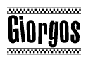 The image contains the text Giorgos in a bold, stylized font, with a checkered flag pattern bordering the top and bottom of the text.