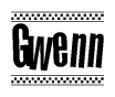 The image is a black and white clipart of the text Gwenn in a bold, italicized font. The text is bordered by a dotted line on the top and bottom, and there are checkered flags positioned at both ends of the text, usually associated with racing or finishing lines.