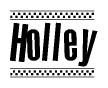 The clipart image displays the text Holley in a bold, stylized font. It is enclosed in a rectangular border with a checkerboard pattern running below and above the text, similar to a finish line in racing. 