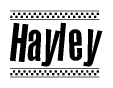 The image is a black and white clipart of the text Hayley in a bold, italicized font. The text is bordered by a dotted line on the top and bottom, and there are checkered flags positioned at both ends of the text, usually associated with racing or finishing lines.
