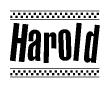 The clipart image displays the text Harold in a bold, stylized font. It is enclosed in a rectangular border with a checkerboard pattern running below and above the text, similar to a finish line in racing. 