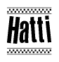 The image contains the text Hatti in a bold, stylized font, with a checkered flag pattern bordering the top and bottom of the text.