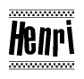 The image is a black and white clipart of the text Henri in a bold, italicized font. The text is bordered by a dotted line on the top and bottom, and there are checkered flags positioned at both ends of the text, usually associated with racing or finishing lines.