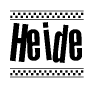 The image is a black and white clipart of the text Heide in a bold, italicized font. The text is bordered by a dotted line on the top and bottom, and there are checkered flags positioned at both ends of the text, usually associated with racing or finishing lines.