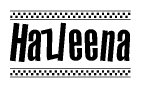 The image is a black and white clipart of the text Hazleena in a bold, italicized font. The text is bordered by a dotted line on the top and bottom, and there are checkered flags positioned at both ends of the text, usually associated with racing or finishing lines.