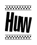 The image is a black and white clipart of the text Huw in a bold, italicized font. The text is bordered by a dotted line on the top and bottom, and there are checkered flags positioned at both ends of the text, usually associated with racing or finishing lines.