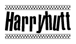 The clipart image displays the text Harryhutt in a bold, stylized font. It is enclosed in a rectangular border with a checkerboard pattern running below and above the text, similar to a finish line in racing. 