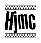 The clipart image displays the text Hjmc in a bold, stylized font. It is enclosed in a rectangular border with a checkerboard pattern running below and above the text, similar to a finish line in racing. 