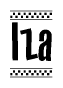 The image is a black and white clipart of the text Iza in a bold, italicized font. The text is bordered by a dotted line on the top and bottom, and there are checkered flags positioned at both ends of the text, usually associated with racing or finishing lines.