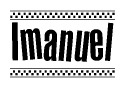 The image contains the text Imanuel in a bold, stylized font, with a checkered flag pattern bordering the top and bottom of the text.