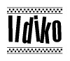 The clipart image displays the text Ildiko in a bold, stylized font. It is enclosed in a rectangular border with a checkerboard pattern running below and above the text, similar to a finish line in racing. 