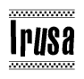 The image is a black and white clipart of the text Irusa in a bold, italicized font. The text is bordered by a dotted line on the top and bottom, and there are checkered flags positioned at both ends of the text, usually associated with racing or finishing lines.