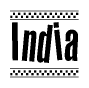 The clipart image displays the text India in a bold, stylized font. It is enclosed in a rectangular border with a checkerboard pattern running below and above the text, similar to a finish line in racing. 
