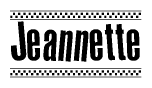 The image contains the text Jeannette in a bold, stylized font, with a checkered flag pattern bordering the top and bottom of the text.