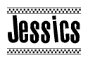 The clipart image displays the text Jessics in a bold, stylized font. It is enclosed in a rectangular border with a checkerboard pattern running below and above the text, similar to a finish line in racing. 