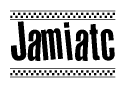 The image is a black and white clipart of the text Jamiatc in a bold, italicized font. The text is bordered by a dotted line on the top and bottom, and there are checkered flags positioned at both ends of the text, usually associated with racing or finishing lines.