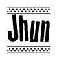 The image is a black and white clipart of the text Jhun in a bold, italicized font. The text is bordered by a dotted line on the top and bottom, and there are checkered flags positioned at both ends of the text, usually associated with racing or finishing lines.