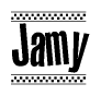 The image is a black and white clipart of the text Jamy in a bold, italicized font. The text is bordered by a dotted line on the top and bottom, and there are checkered flags positioned at both ends of the text, usually associated with racing or finishing lines.
