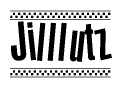 The image is a black and white clipart of the text Jilllutz in a bold, italicized font. The text is bordered by a dotted line on the top and bottom, and there are checkered flags positioned at both ends of the text, usually associated with racing or finishing lines.