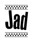 The image is a black and white clipart of the text Jad in a bold, italicized font. The text is bordered by a dotted line on the top and bottom, and there are checkered flags positioned at both ends of the text, usually associated with racing or finishing lines.