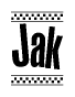The clipart image displays the text Jak in a bold, stylized font. It is enclosed in a rectangular border with a checkerboard pattern running below and above the text, similar to a finish line in racing. 