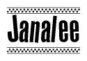 The image is a black and white clipart of the text Janalee in a bold, italicized font. The text is bordered by a dotted line on the top and bottom, and there are checkered flags positioned at both ends of the text, usually associated with racing or finishing lines.