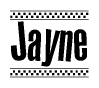 The image is a black and white clipart of the text Jayne in a bold, italicized font. The text is bordered by a dotted line on the top and bottom, and there are checkered flags positioned at both ends of the text, usually associated with racing or finishing lines.