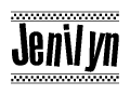 The image is a black and white clipart of the text Jenilyn in a bold, italicized font. The text is bordered by a dotted line on the top and bottom, and there are checkered flags positioned at both ends of the text, usually associated with racing or finishing lines.