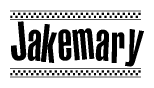 The image is a black and white clipart of the text Jakemary in a bold, italicized font. The text is bordered by a dotted line on the top and bottom, and there are checkered flags positioned at both ends of the text, usually associated with racing or finishing lines.
